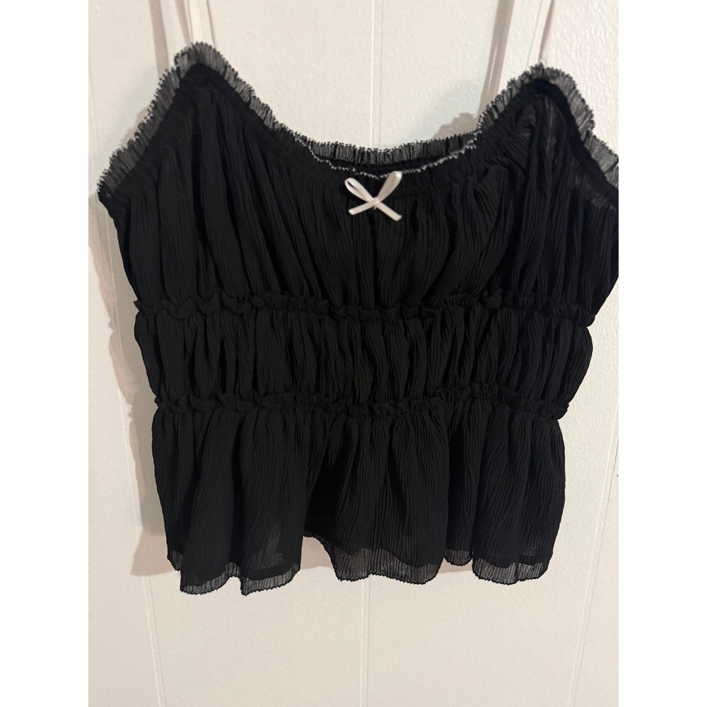NWT Zara‎ Pleated Smocked Camisole Women L Black Bow Peplum Tank Top Festival - Picture 2 of 8